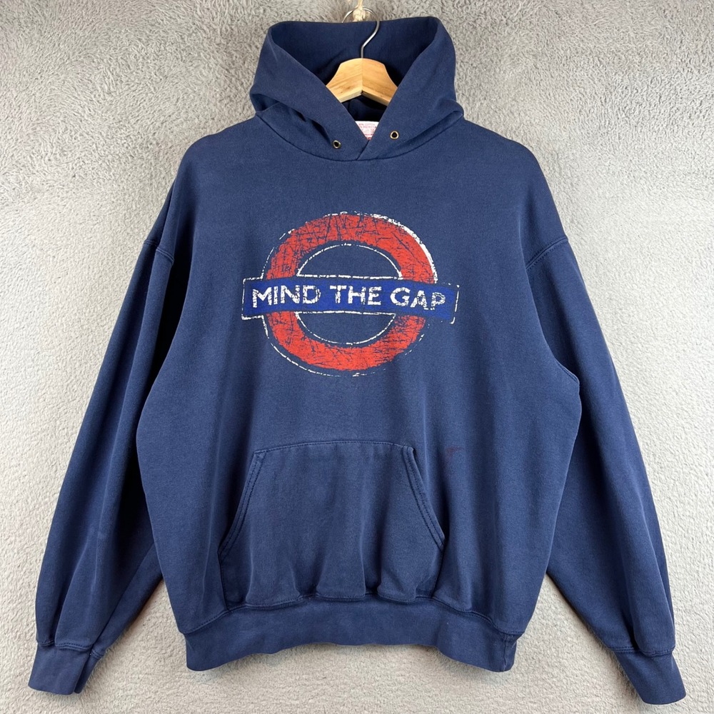 London Underground Mind The Gap Hoodie Mens Large Navy Blue Vintage Graphic